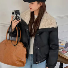 Load image into Gallery viewer, Wide Collar Leather Puffer Jacket