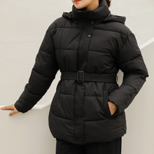 Load image into Gallery viewer, Belted Puffer Jacket with Hood