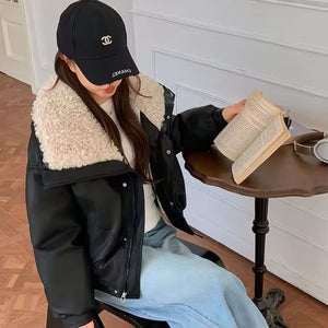 Wide Collar Leather Puffer Jacket