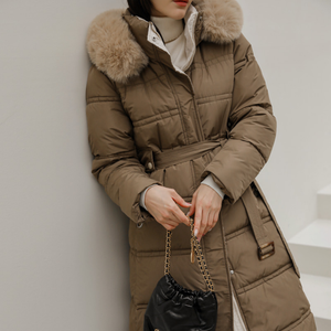 Belted Long Bubble Jacket with Faux Fur