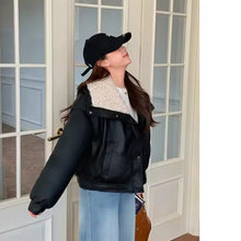 Load image into Gallery viewer, Wide Collar Leather Puffer Jacket
