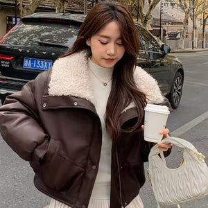 Wide Collar Leather Puffer Jacket
