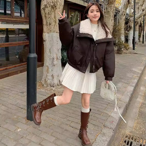 Wide Collar Leather Puffer Jacket