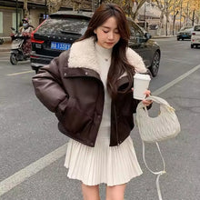 Load image into Gallery viewer, Wide Collar Leather Puffer Jacket
