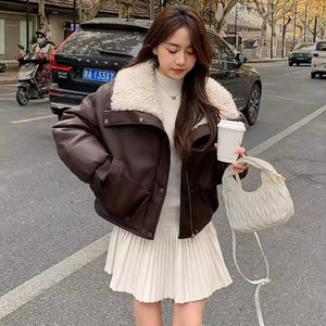 Wide Collar Leather Puffer Jacket