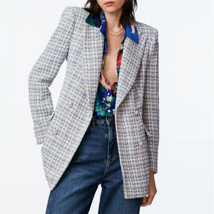 Shoulder Padded Tweed Blazer (Light Blue)