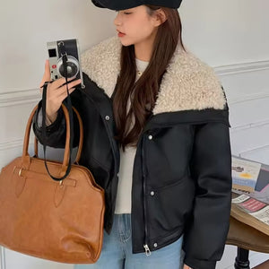 Wide Collar Leather Puffer Jacket