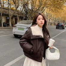 Load image into Gallery viewer, Wide Collar Leather Puffer Jacket
