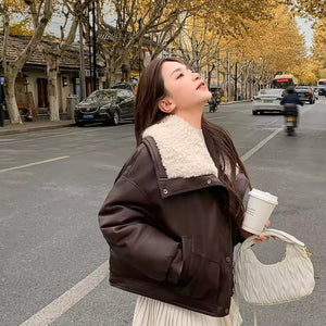 Wide Collar Leather Puffer Jacket