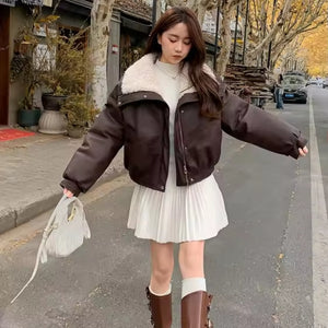 Wide Collar Leather Puffer Jacket
