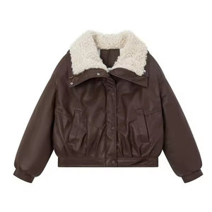 Wide Collar Leather Puffer Jacket