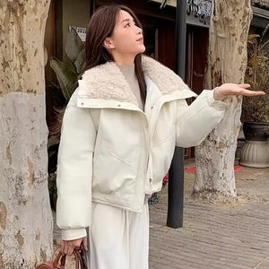 Wide Collar Leather Puffer Jacket