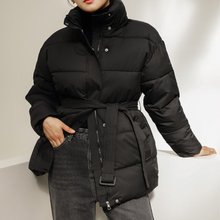 Load image into Gallery viewer, Belted Puffer Jacket with Hood
