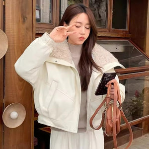 Wide Collar Leather Puffer Jacket