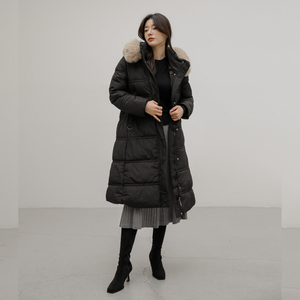 Belted Long Bubble Jacket with Faux Fur