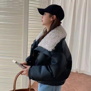 Wide Collar Leather Puffer Jacket