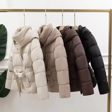 Load image into Gallery viewer, Short Belted Hooded Puffer Jacket
