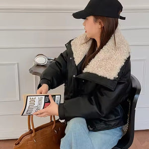 Wide Collar Leather Puffer Jacket