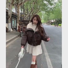 Load and play video in Gallery viewer, Wide Collar Leather Puffer Jacket
